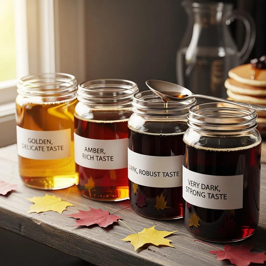 Close-up of jars showing four maple syrup grades on a wooden board, emphasizing the color range