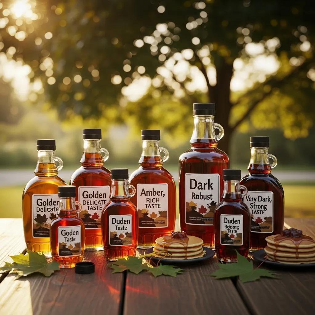 Various bottles of maple syrup showcasing different grades on a rustic wooden table with a blurred maple tree in the background